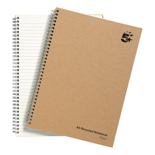 5+Star+Wirebound+Notebook+Ruled+80gsm+Recycled+160+Page+A4+Buff+%28Pack+of+5%29+930279