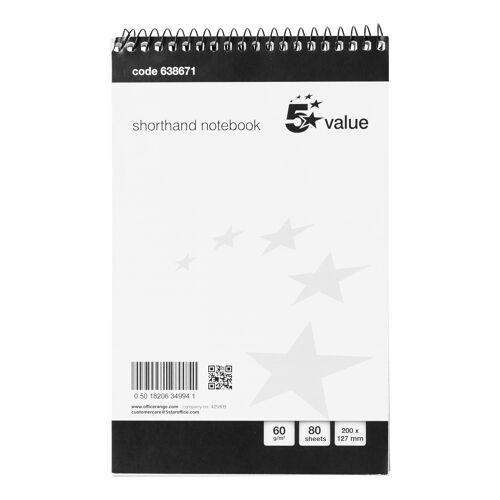 5+Star+Spiral+Shorthand+Notebook+Ruled+60gsm+160+Page+127x200mm+Black%2FWhite+%28Pack+of+10%29+638671