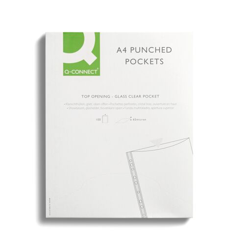 Q-Connect+Delux+Punched+Pocket+Top+Opening+Green+Strip+A4+Clear+%28Pack+of+100%29+KF01121