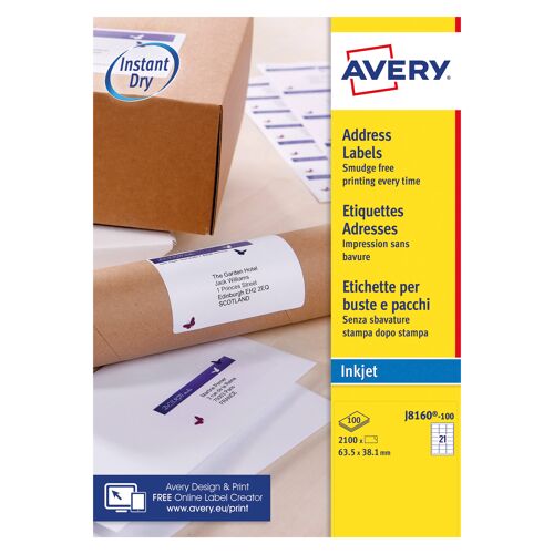 Avery+Inkjet+Address+Labels+QuickDRY+63.5x38.1mm+21+Per+Sheet+White+%28Pack+of+2100%29+J8160-100