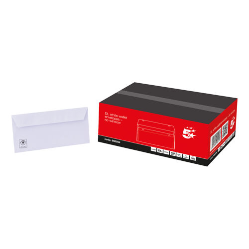 5+Star+DL+Wallet+Envelope+Peel+and+Seal+100gsm+220x110mm+White+%28Pack+of+500%29+906594