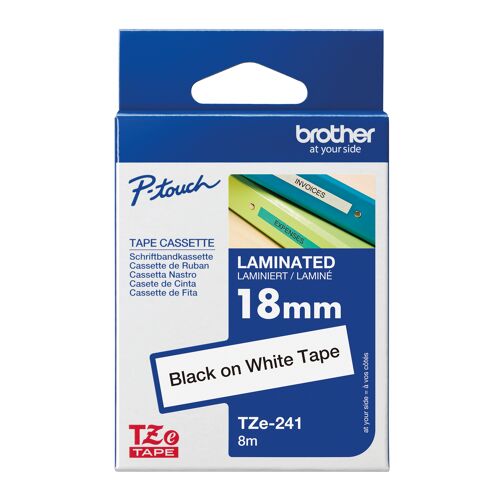 Brother+P-Touch+TZe+Lam+Tape+Cassette+18mm+x+8m+Black+on+White+Tape+TZE241