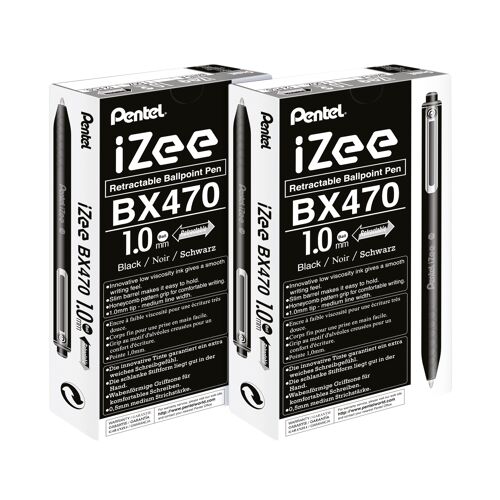 Pentel+iZee+Retractable+Ballpoint+Pen+1.0mm+Black+%28Pack+of+12%29+2For1